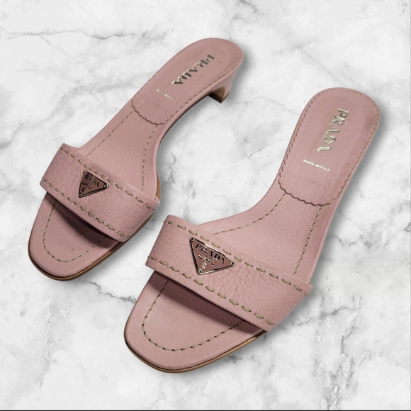 Prada Shoes - Vintage PRADA Daino Mule Shoes Baby Pink Low Heel Slide Sandals 37
